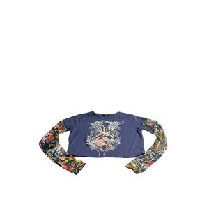 Ed Hardy Womens XL Navy Crop Top Tattoo Graphic Long Sleeve semi sheer Y2K Style
